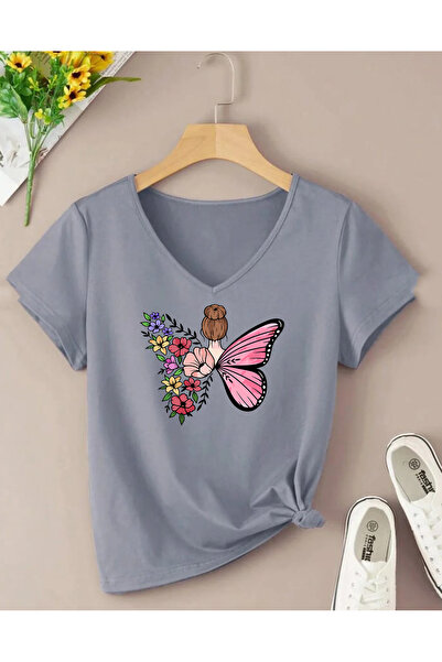 SUNFREE Butterfly Printed V-Neck Short Sleeves Cotton Combed Women's Tshirt