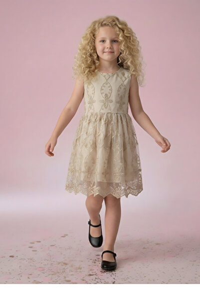 FESSHERA KİDS Girl's Dress with Lining and Zipper on the Back, Comes with a B...