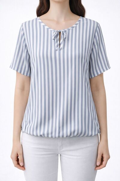Neden Tekstil Blue and White Striped Collar Tie Balloon Skirt Blouse