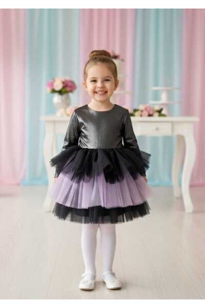 penu baby kids Siyah-Mor Kuromi Parlak Jarse Kat Etekli Uzun Kolu Kız Çocuk K...