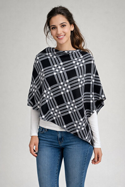 Sebir Moda Checkered Patterned Asymmetrical Cut Knitwear Acrylic Poncho