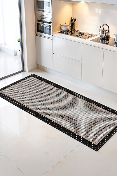 Home Siyah Zemin Üzerinde Beyaz Dots ve Kare Desenli Modern Mutfak Halısı