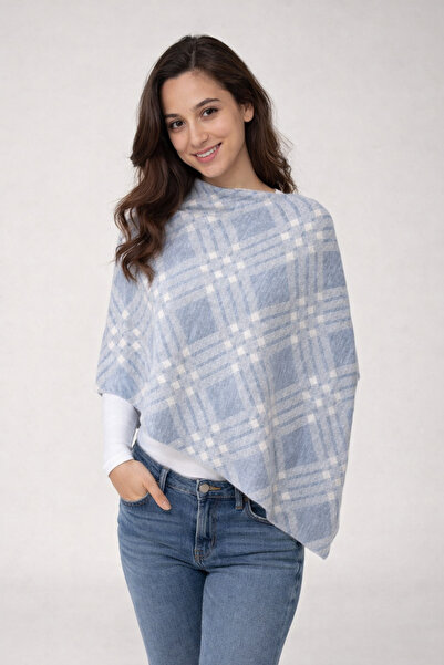 Sebir Moda Checkered Patterned Asymmetrical Cut Knitwear Acrylic Poncho