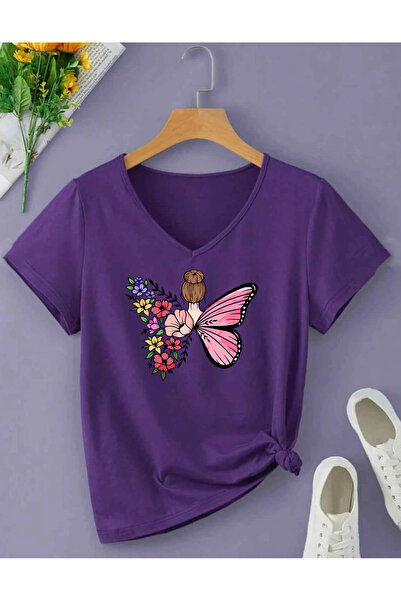 SUNFREE Butterfly Printed V-Neck Short Sleeves Cotton Combed Women's Tshirt
