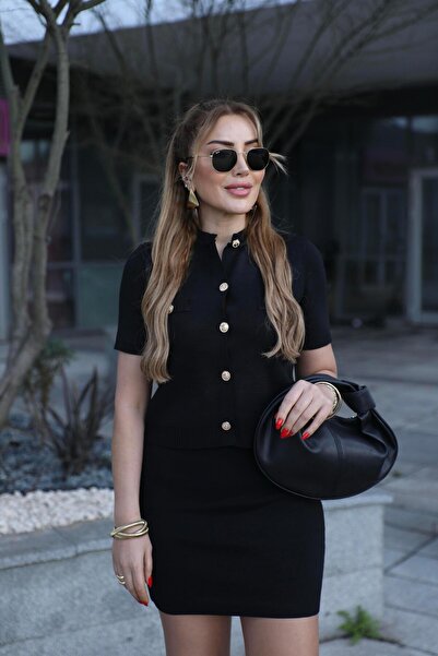 Perry Boutique Women's Black Button Detailed Skirt Cardigan Set