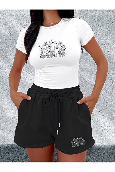 macklin Women's Floral Print Baby Tee Combed Cotton Crop and Shorts - Two-Pie...