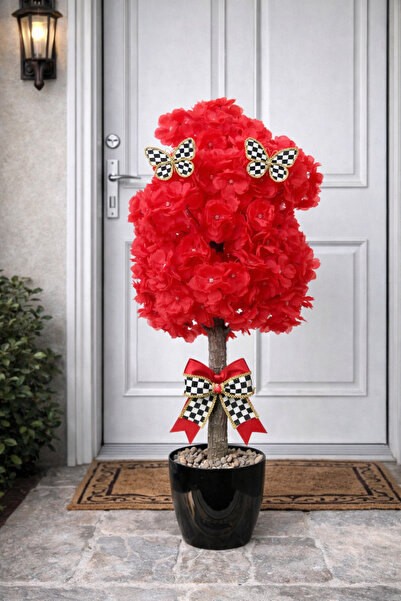 Marrone Kırmızı Bahar Dalı 55 Cm Mackenzie Kurdele Modelli Kapı Önü Teras Bah...