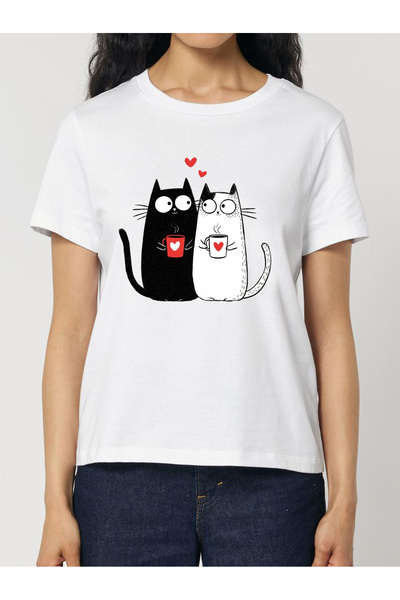 Cu Pisici Premium cotton T-shirt - Love, Purrs & Coffee, Women, Valentine's Day