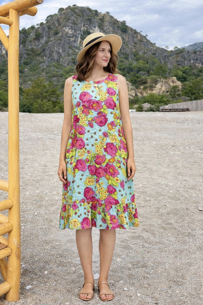 AYASOFYA OTANTIK Women's Ethnic Floral Patterned Sleeveless Midi Dress