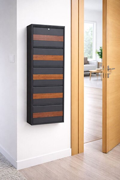 KARLI 5'Lİ KİLİTLİ ANTRASİT METAL AYAKKABILIK ( AHŞAP DESENLİ )