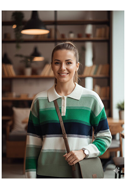 Namaste Vintage Polo Button Collar Striped Basic Knit Sweater