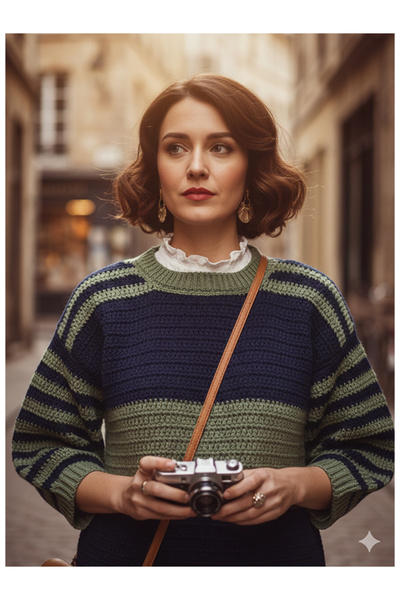 Namaste Vintage Navy Blue-Green Striped Vintage Model Knit Sweater