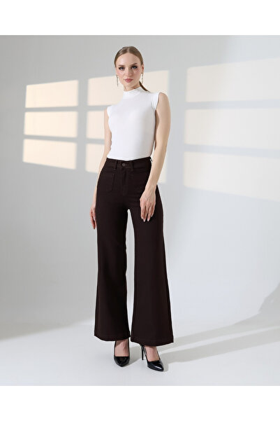 Qualia Butik Women's Front Pocket Detail Palazzo Jean Trousers