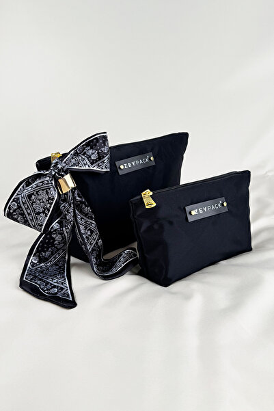 zeypack Şık Siyah El ve Makyaj Çantası - 2’li Set, Şal Aksesuarlı, İtalyan Kumaş