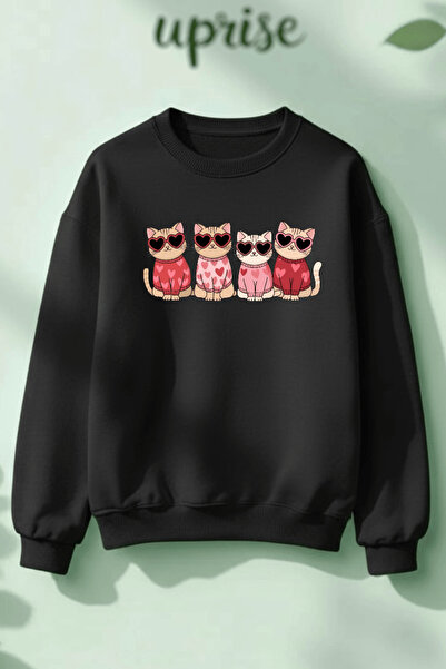 Vordevia Dear Cat Printed Cotton 3 Thread Threaded Crew Neck Oversize Sweatshirt