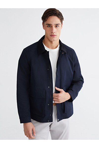 LC Waikiki Navy Blue Regular Fit Velvet Collar Gabardine Men's Coat