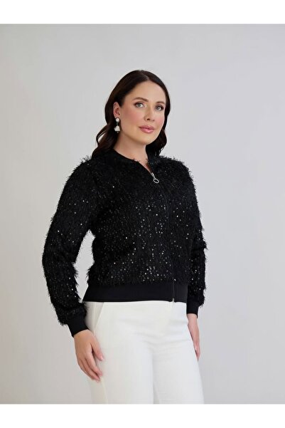 Te&Te Women's Black Zippered Complete Sequined Jacket