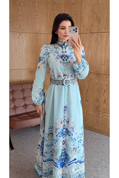 HAZELANNA Stone Buttoned Linen Turquoise Dress