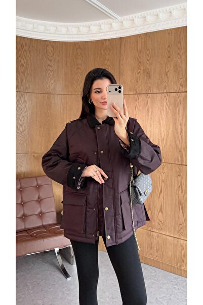 HAZELANNA Plaid Inner Detailed Burgundy Waxed Coat