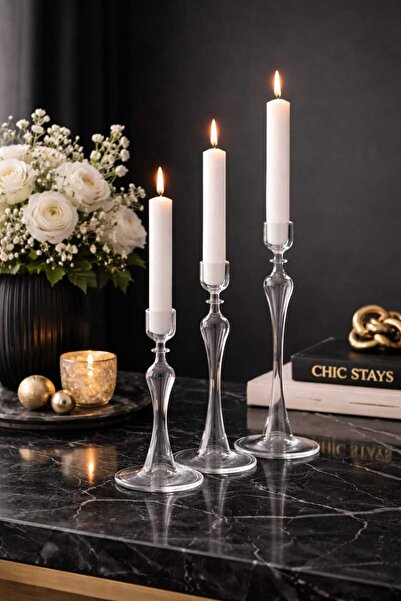 ZÜMRA El yapımı Cam Şamdan seti 20-25-30 Cm Transparan