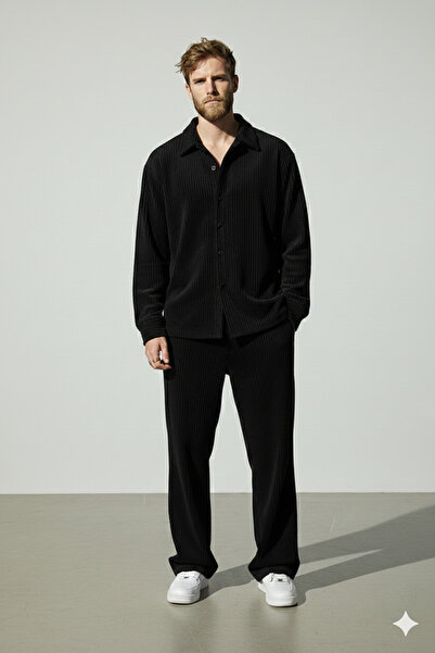 NİCE Men's Black Ottoman Corduroy Shirt and Trousers Set, Casual Style, Pipe Leg