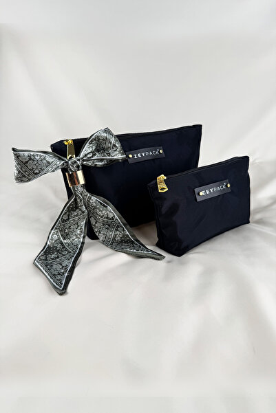 zeypack Şık Siyah El ve Makyaj Çantası - 2’li Set, Şal Aksesuarlı, İtalyan Kumaş