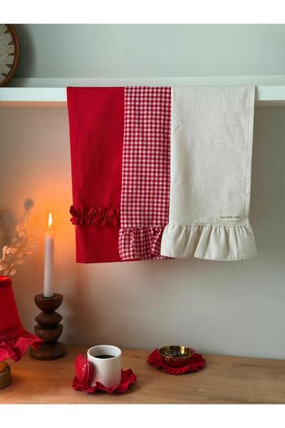 KaiAtelier Lovely X Natural Keten 3'lü Fırın Örtüsü / Kurulama Bezleri