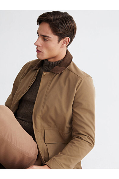 LC Waikiki Καφέ ανδρικό παλτό από γκαμπαρντίνα με βελούδινο γιακά κανονικής ε...