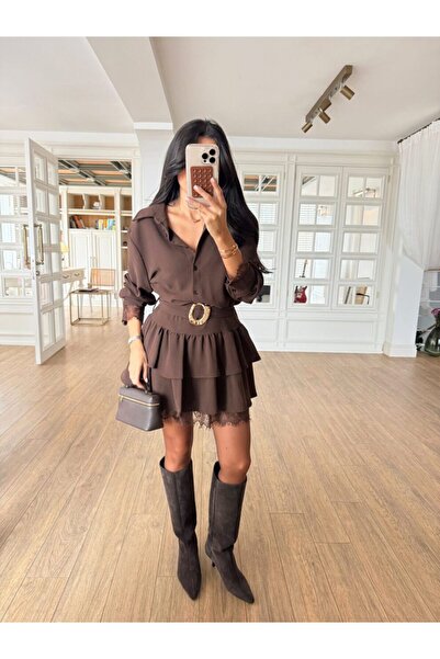 Perry Boutique Women's Brown Shirt Collar Lace Detailed Belted Dress