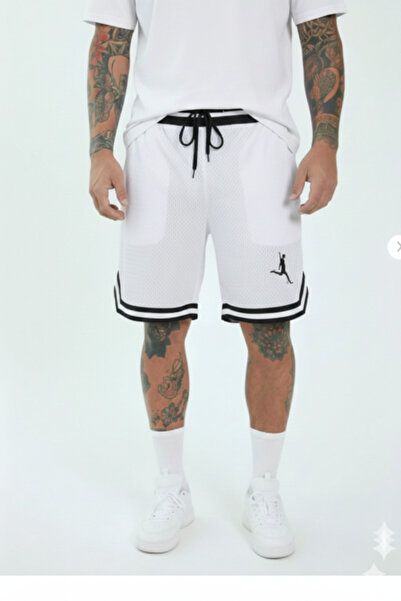 NİCE Printed Men's White Basketball Shorts - Retro Style Mesh-Free Comfortabl...