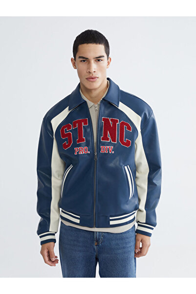 LC Waikiki Lacivert Rahat Kalıp Nakışlı Erkek Deri Görünümlü Mont