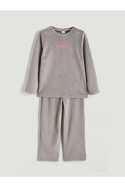LC Waikiki Crew Neck Los Angeles Embroidered Girls' Velvet Pajama Set