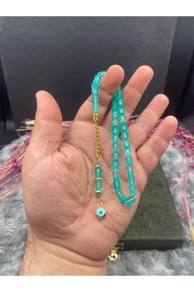 Kttesbihaksesuar 5x8 mm UÇAK CAMI TESBİH TURKUAZ RENK ALTIN KAPLAMA PÜSKÜLLÜ