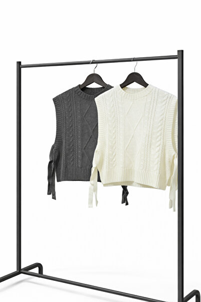 shop Kadın Kolsuz Saç Örgü Triko Süveter – Bağlamalı Model