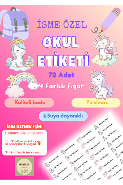 Handeto Kraft 72 Adet Unicorn Temalı Kişiye Özel Okul Etiketi İsim Yazılabile...