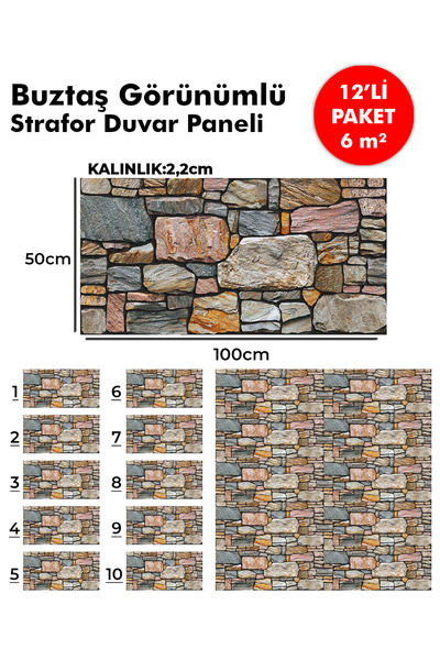 KnB Duvar Panelleri TAŞ GÖRÜNÜMLÜ STRAFOR DUVAR PANELİ (12'Lİ PAKET)