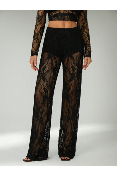 Veille Kadın Siyah Transparan Dantelli İspanyol Paça Pantolon,Yeni Sezon Tren...
