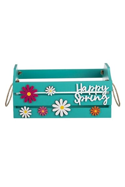 SHOPIENS Decorative Wooden Box Turquoise with Daisies and Message Happy Spring