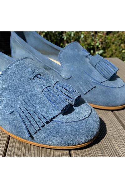 NOVEZA Women's Genuine Leather Denim Blue Tasseled Casual Stylish and Comfortable Ballerinas