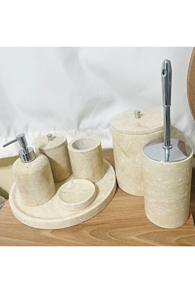 BLACK PEARL 7 Lİ TRAVERTEN BANYO SETİ GÜMÜŞ KÜRE AKSESUARLI