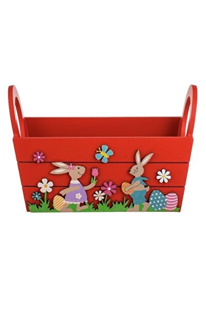 SHOPIENS Decorative Easter Box Made of Wood Red with Bunnies, Butterfly and F...