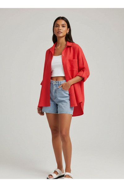 Mayer Butik Oversize Linen Textured 100% Cotton Single Pocket Casual Shirt