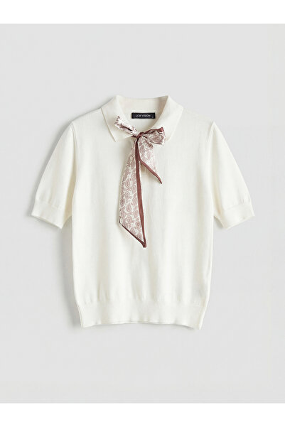 LC Waikiki Pulover tricotat pentru femei, ecru, cu guler polo și detaliu eșarfă