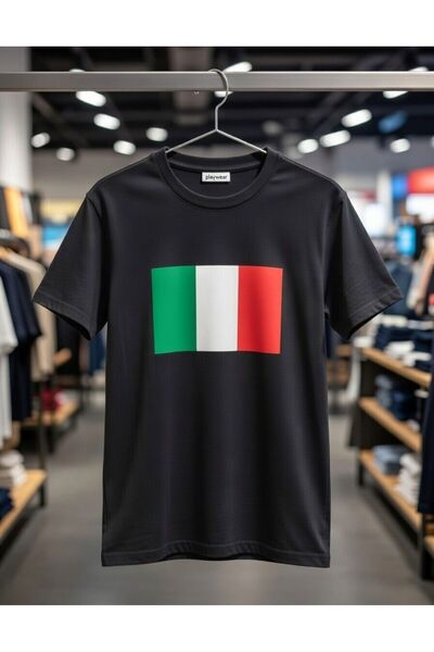 playwear تي شيرت PLAY WEAR للجنسين بقصة فضفاضة مطبوع عليه علم إيطاليا