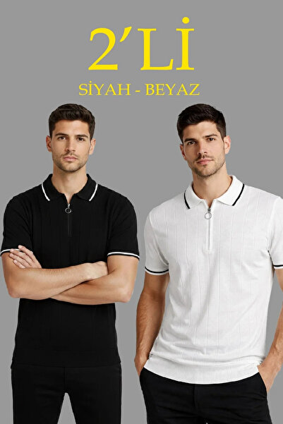 MODA Men's 2-Pack Woven Knitwear Zippered Collar Ribbed Short Sleeve Regular ...