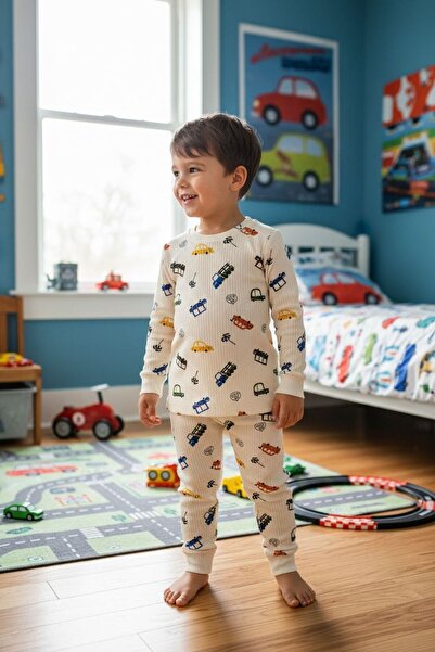 SERRASTIL طقم بيجامة للأولاد لون أبيض مع تصميم سيارة، قماش إنترلوك مزخرف بأكم...