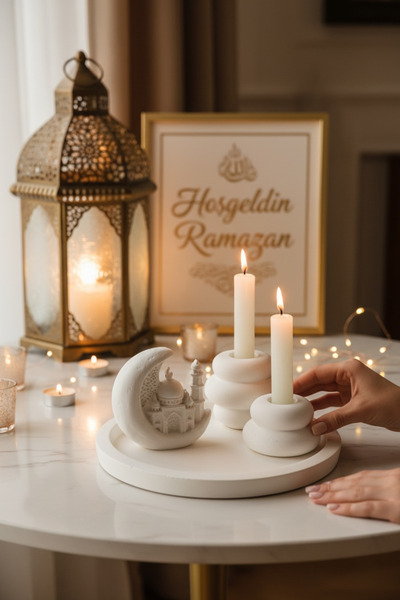 LALEZEN HOME RAMAZAN TEMALI DEKORATİF TEPSİ MUMLUK SAMDAN HİLALLİ CAMİ OBJESİ