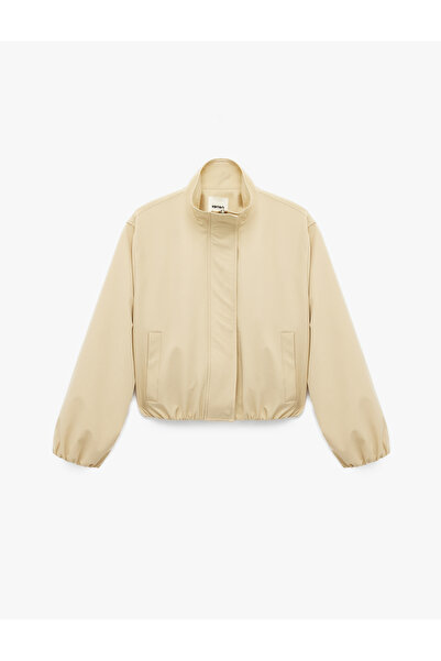 Koton Long Sleeve Pocketed Zippered Stand Collar Crop Gabardine Bomber Jacket