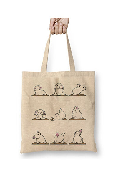 Toyaso Rabbit Yoga Pilates Sport Gym Fitness White Tote Bag Long Handle Shopp...