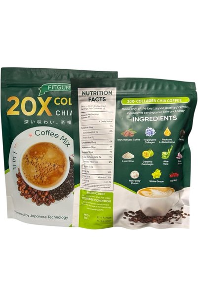 Fitgum 20X Collagen Chia Coffee Mix – 10 Sachets – with Chia Seeds, Collagen & Coffee Blend